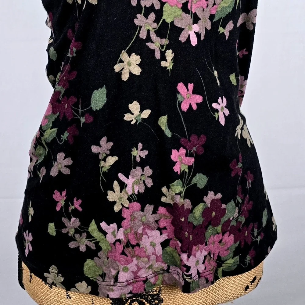 Lauren Ralph Lauren Floral Ruffle‎ V-Neck Sleeveless Top Black Purple Cotton L